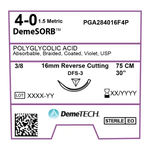 Fir sutura DFS-3, 16mm,3/8 Circle,curbura Reverse Cutting,Violet, USP Size 4-0, 75cm,Acid Polyglycolic (PGA) DemeSORB ™ 12 buc