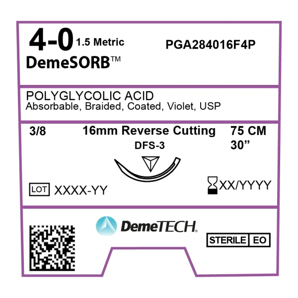 Fir sutura DFS-3, 16mm,3/8 Circle,curbura Reverse Cutting,Violet, USP Size 4-0, 75cm,Acid Polyglycolic (PGA) DemeSORB ™ 12 buc
